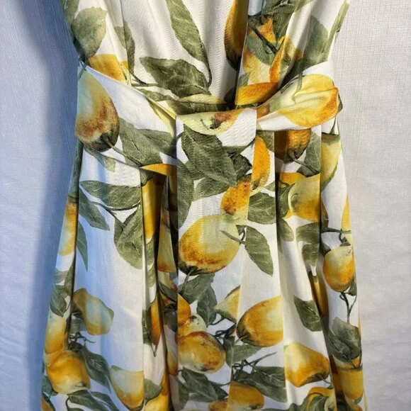 Anne Klein Lemon Print Sleeveless Fit & Flare Dress With Waist Tie Size 6 White/ - Picture 3 of 11